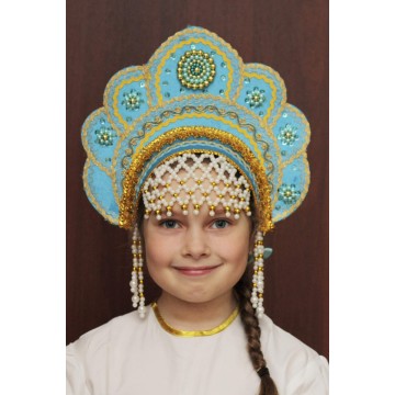 Кокошник «Елена» бирюзовый для русских народных танцев