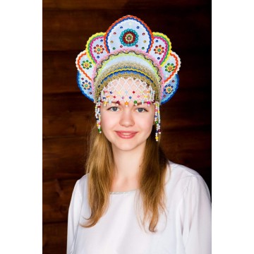 Кокошник «Елена» голубая радуга для русских народных танцев
